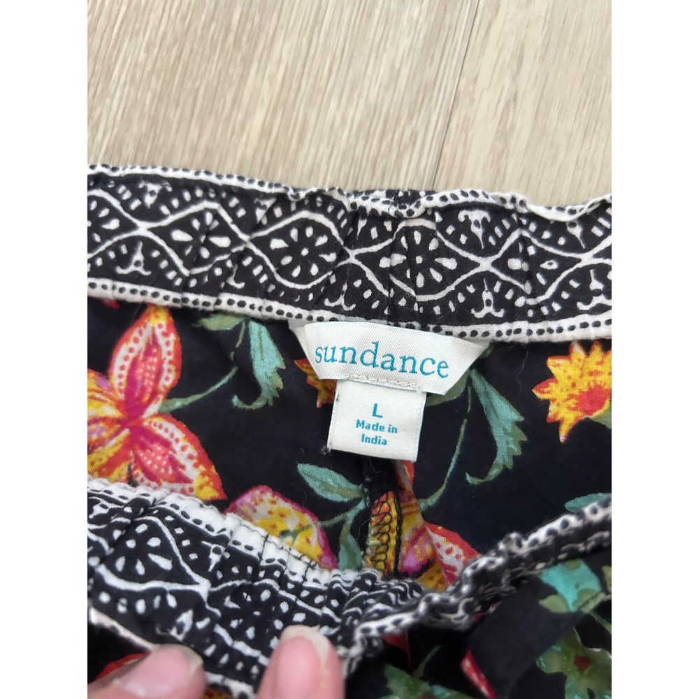 Sundance Womens Floral Cotton Crop Pants Black Pink Yellow‎ Boho Elastic Waist L - Picture 2 of 13
